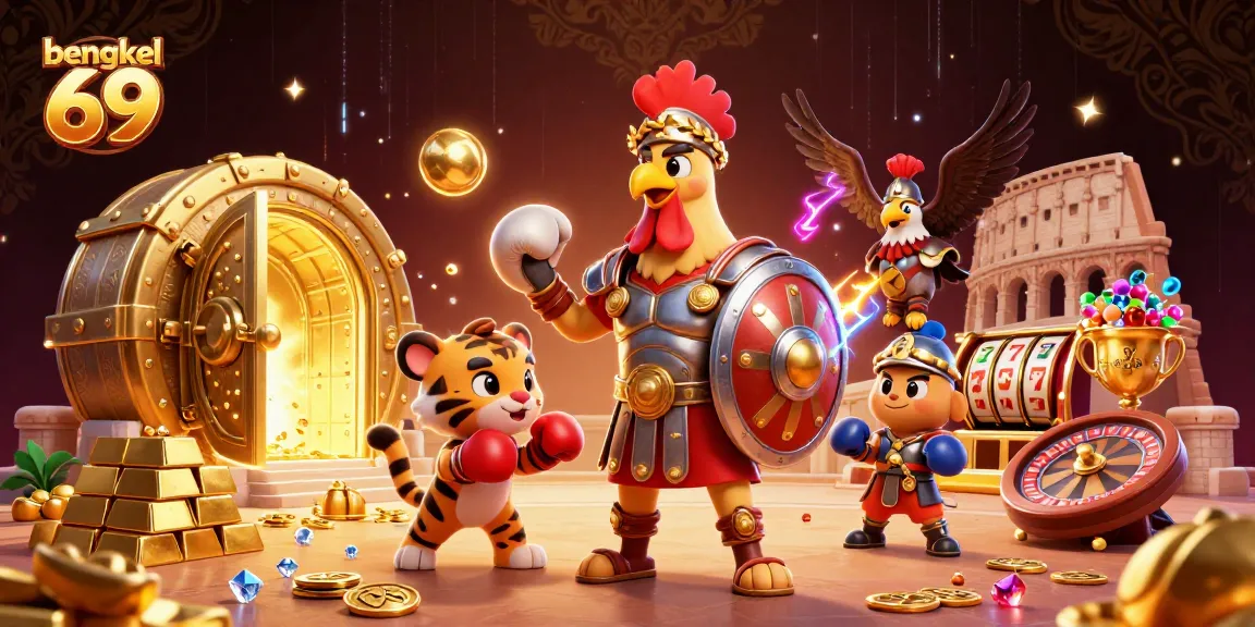Bengkel 69 - A dynamic 3D scene featuring a gladiator rooster and gambling elements in a vibrant colosseum.