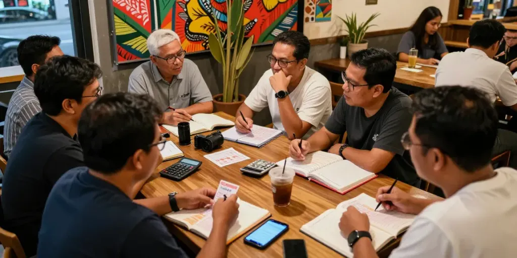 Diskusi strategi togel oleh anggota bukumimpi138 di kafe yang nyaman.