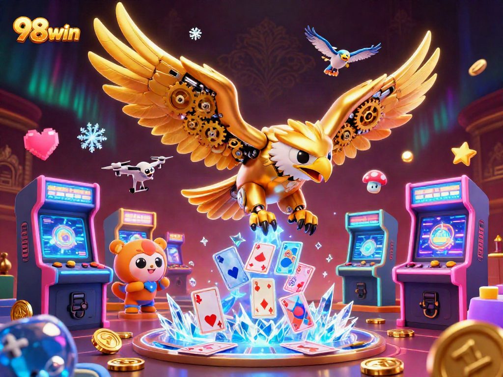 Experience the thrill of 98win with a dynamic illustration of a cybernetic golden eagle diving through holographic playing cards.