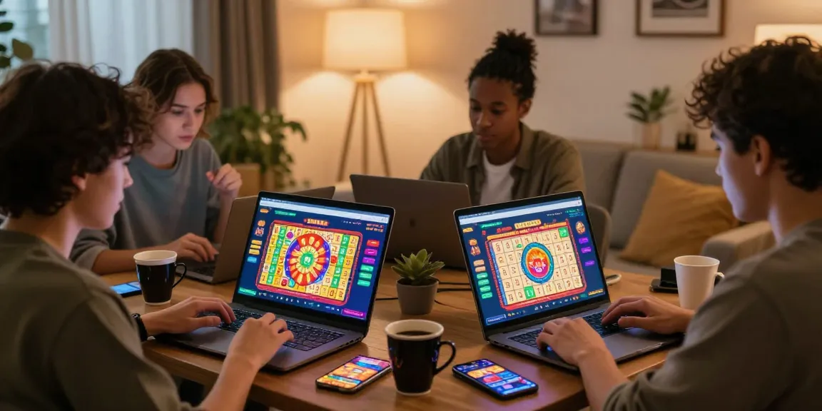 Platform Ratutogel dengan pengguna terlibat dalam permainan lotere digital di rumah.