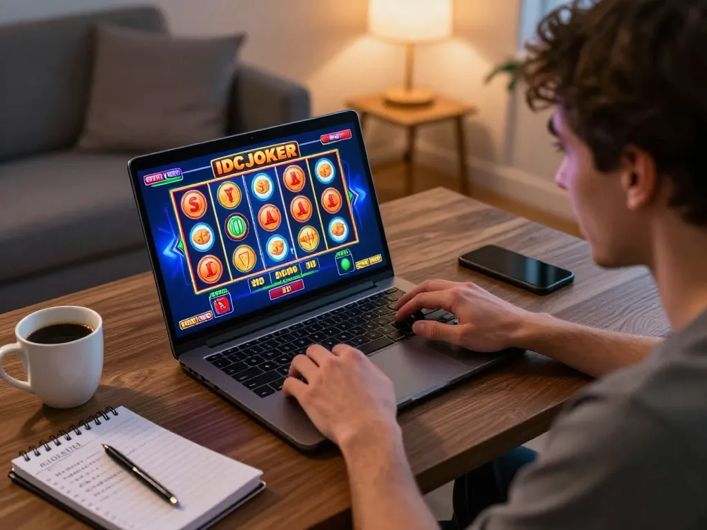 Engaging in Slot IDCJOKER gameplay on a laptop in a cozy home environment, showcasing strategy and excitement.