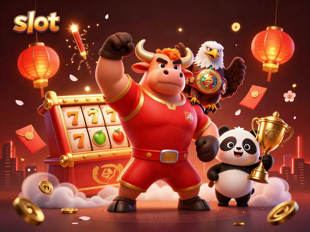 Spin the slot reel for a big win in this vibrant illustration featuring a bull, eagle, and panda.