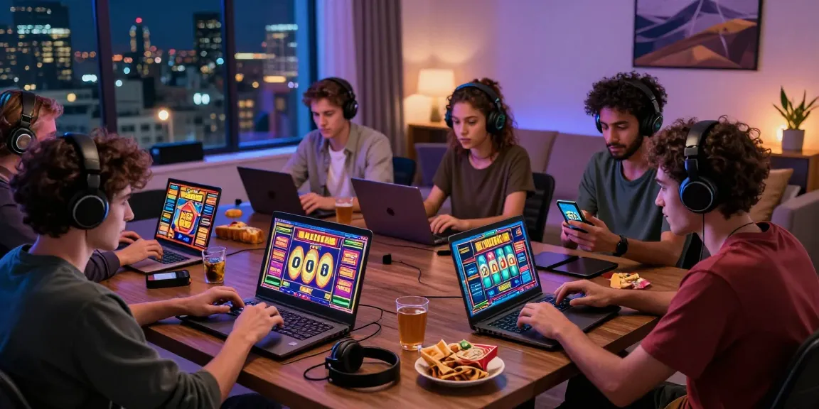 Exciting online slot gacor gaming experience with diverse players and vibrant atmosphere in a cozy living room.