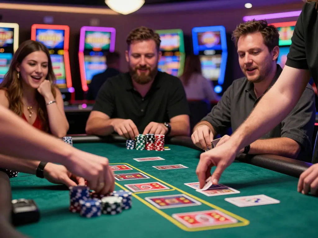 Pemain yang terlibat dalam permainan blackjack yang menarik di meja kasino, dengan chip bertema m88 terlihat.