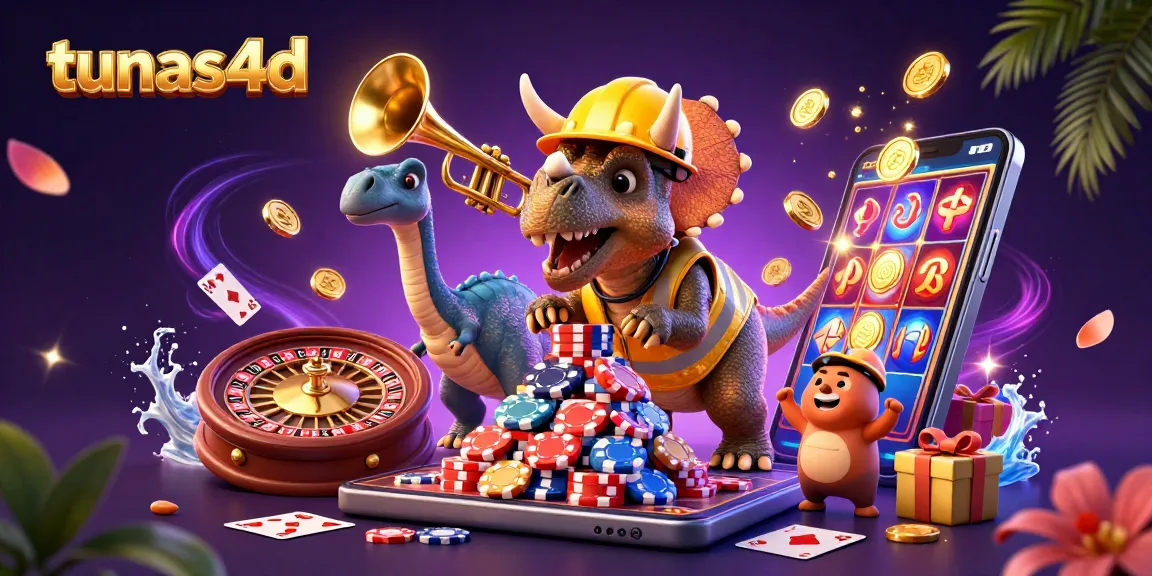 Tunas4d casino scene with lively characters celebrating around poker chips, highlighting a dynamic gambling atmosphere.