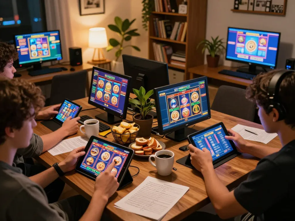Engaged players enjoying slot thailand games on tablets in a warm home setting.