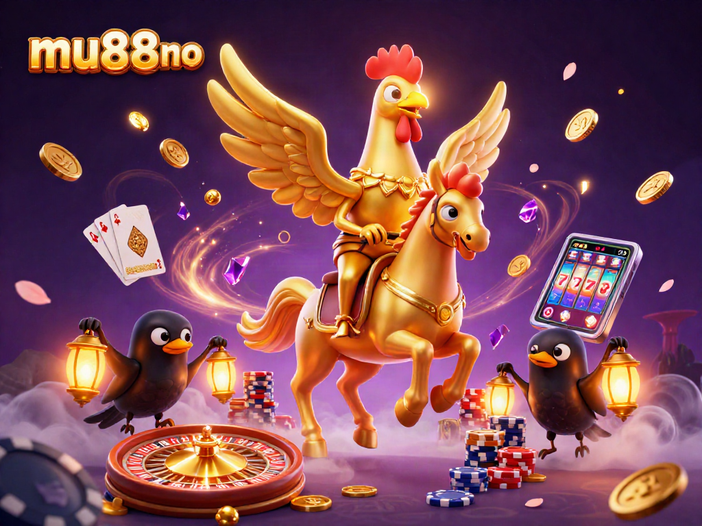 Win big with mu88no in this vibrant casino scene featuring a golden rooster and gaming elements.