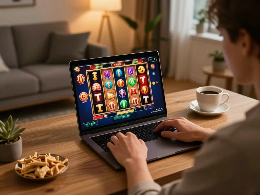 Engaged player enjoying mpo500 online slots gameplay on sleek laptop in cozy home office.