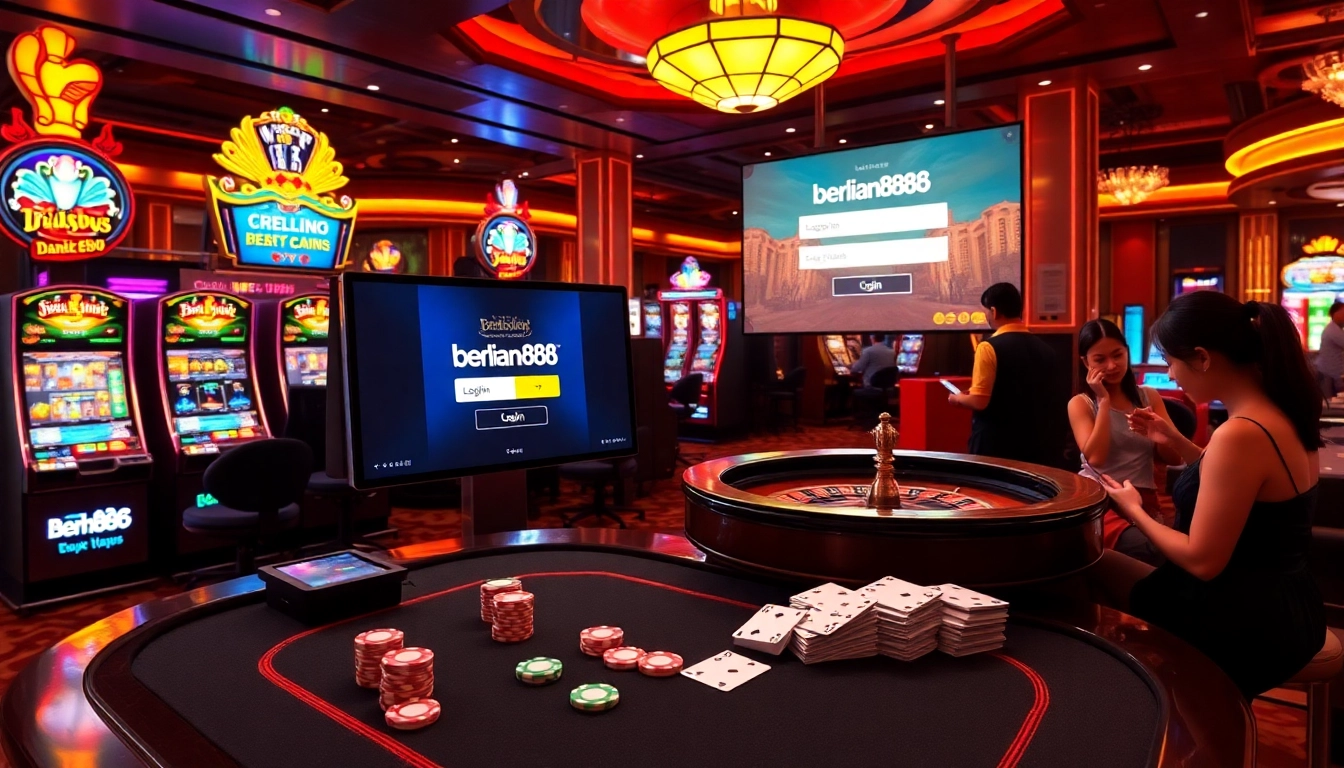 Bettors enjoying a thrilling gaming session while accessing berlian888 login on their devices amidst vibrant casino visuals.