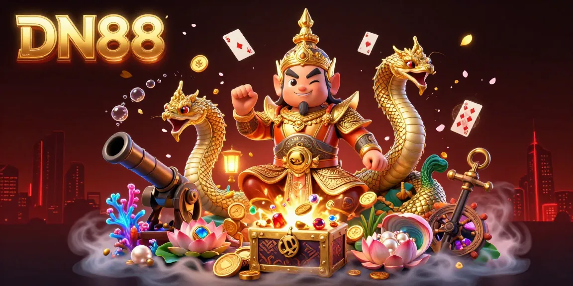Experience the vibrant world of gambling with DN88's dynamic characters in a mystical 3D casino illustration.
