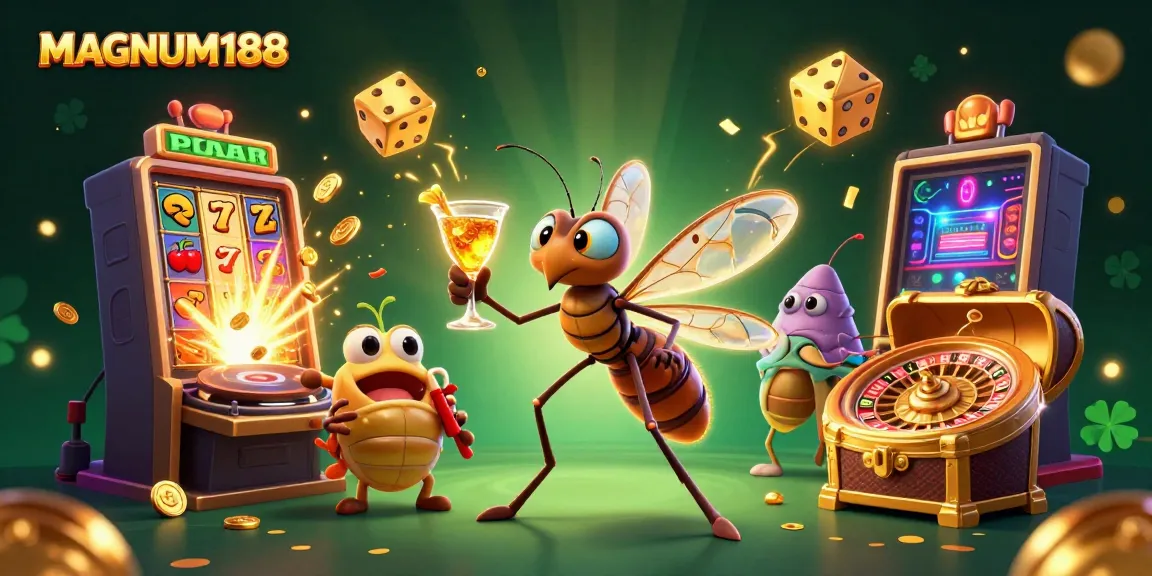 Engage with MAGNUM188's thrilling gameplay featuring a unique casino mascot, immersive slot machine, and vibrant environment.