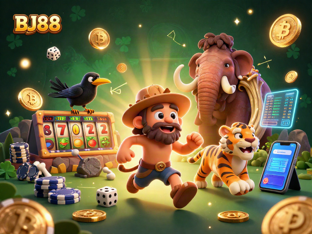 Join the exciting BJ88 casino action with cavemen and a sabertooth at a prehistoric slot game!