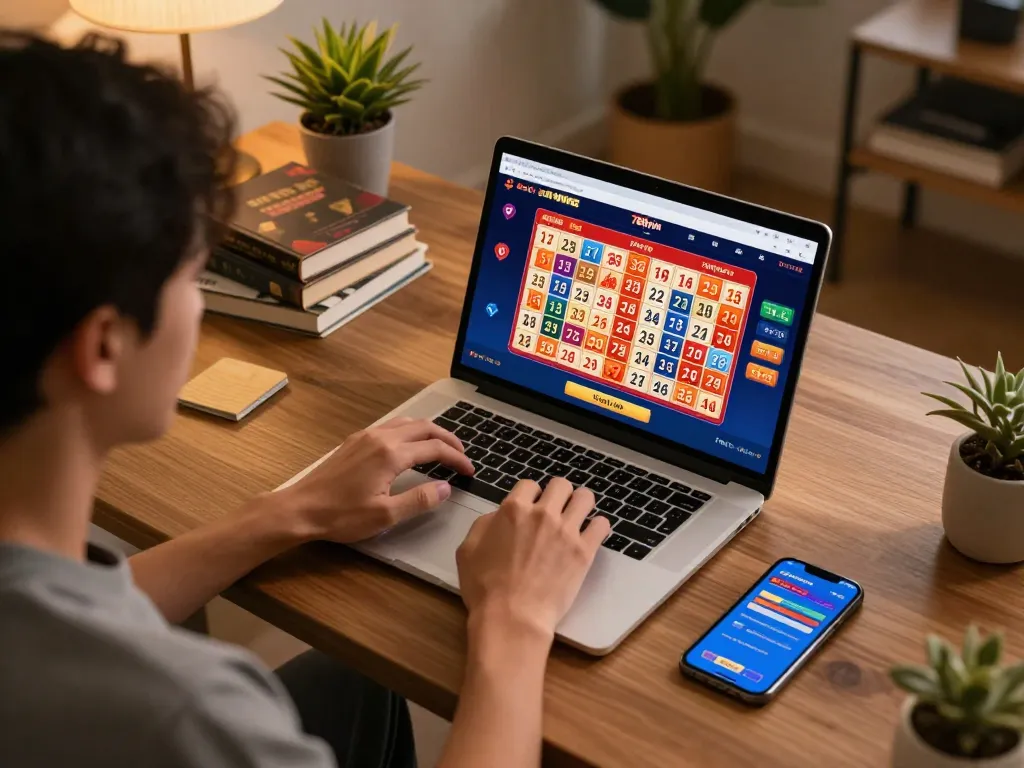 xổ số 789win online gaming experience showcasing a player using a laptop with lottery interface.