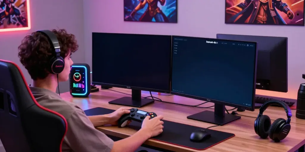 Gamer menggunakan platform harum 4d di laptop dengan suasana nyaman dan aksesori permainan menarik.