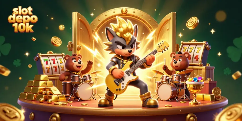 Engage with slot depo 10k excitement featuring a rock star wolf and bear drummer in a vibrant casino scene.