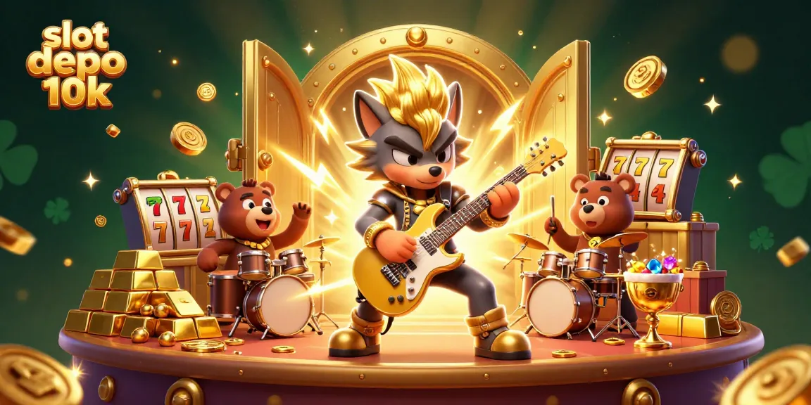 Engage with slot depo 10k excitement featuring a rock star wolf and bear drummer in a vibrant casino scene.