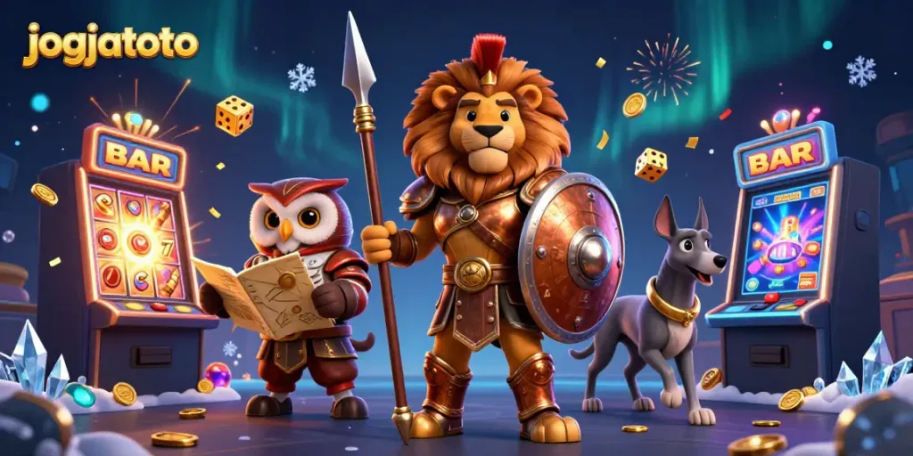 Engage with jogjatoto's thrilling slots experience in this vibrant action-packed illustration.