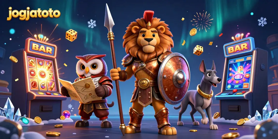 Engage with jogjatoto's thrilling slots experience in this vibrant action-packed illustration.