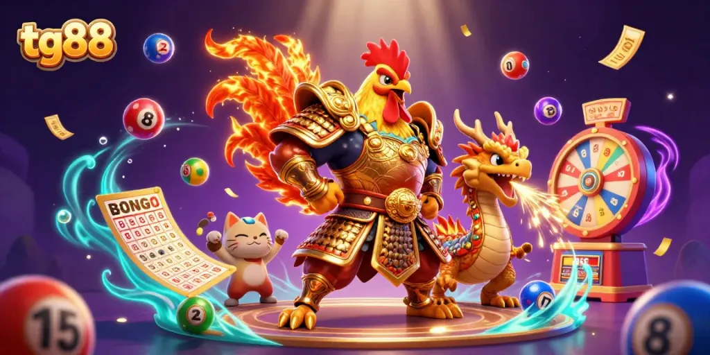 Experience the excitement at tg88 with a dynamic scene featuring a rooster warrior, dragon hatchling, and fortune cat amidst colorful lottery elements.