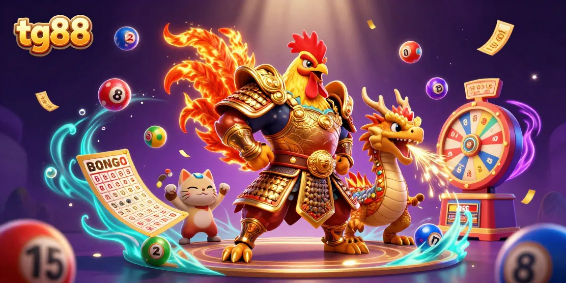 Experience the excitement at tg88 with a dynamic scene featuring a rooster warrior, dragon hatchling, and fortune cat amidst colorful lottery elements.