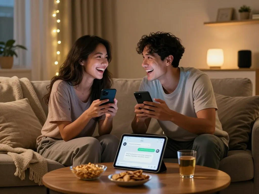Couple enjoying playful AI sexting in a cozy home setting, showcasing modern intimacy and technology.
