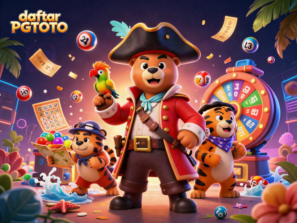 Engage with daftar PGTOTO as the pirate bear, tiger, and parrot celebrate with vibrant lottery elements.