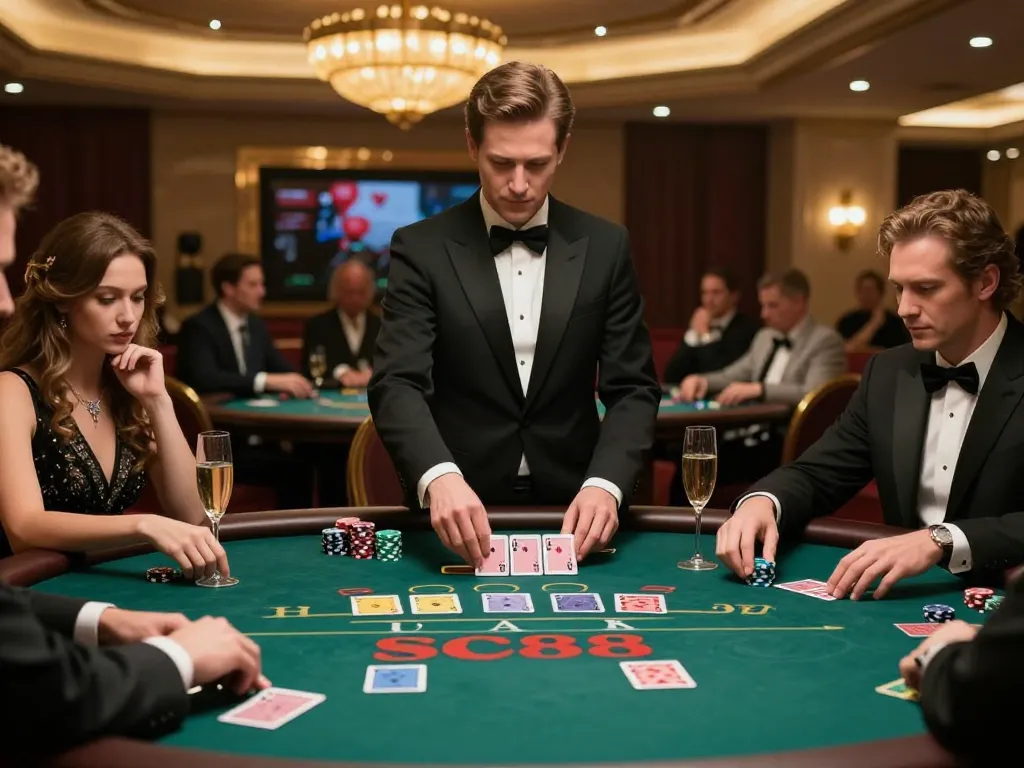 Experience heated baccarat action at SC88 casino with focused players and skilled dealer in upscale setting