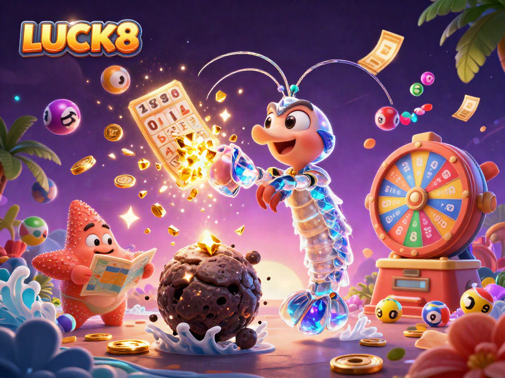 LUCK8 mang đến trải nghiệm xổ số sôi động với các viên bóng xổ số đầy màu sắc, tiền vàng rơi và những thẻ bingo