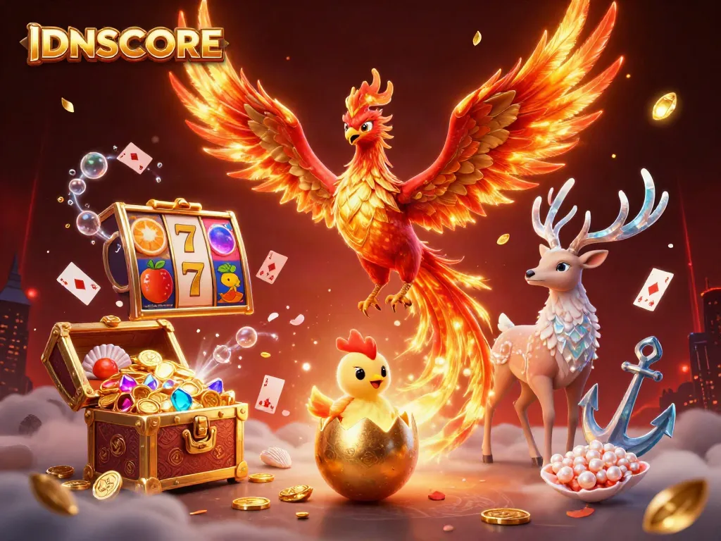 IDNSCORE captures the thrill of gaming with an explosive phoenix scene, vibrant colors, and HD graphics.