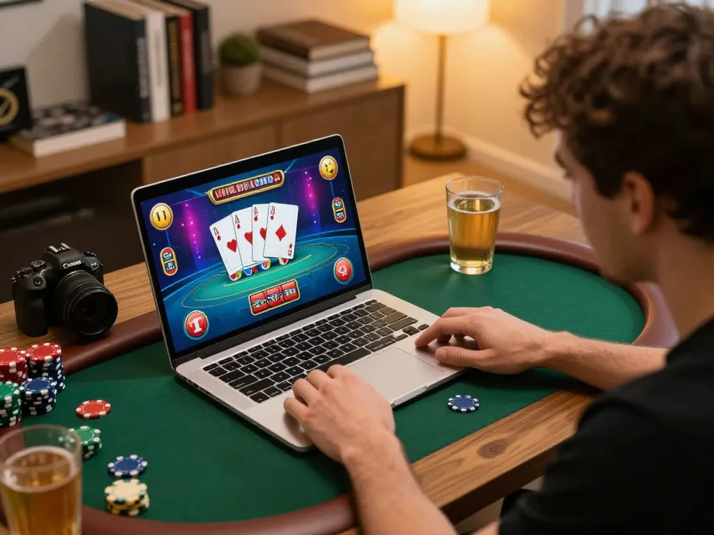 Player focusing on their strategy using 88Pulsa Link during an online poker game in a cozy home setting.