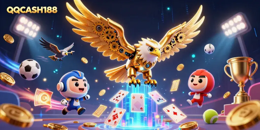 Experience thrilling gaming with QQCASH188 as a cybernetic golden eagle dives through neon games.