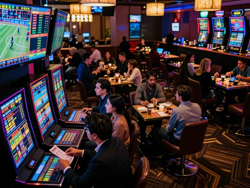 NoHu patrons placing bets at a lively sportsbook while enjoying the excitement of live games.