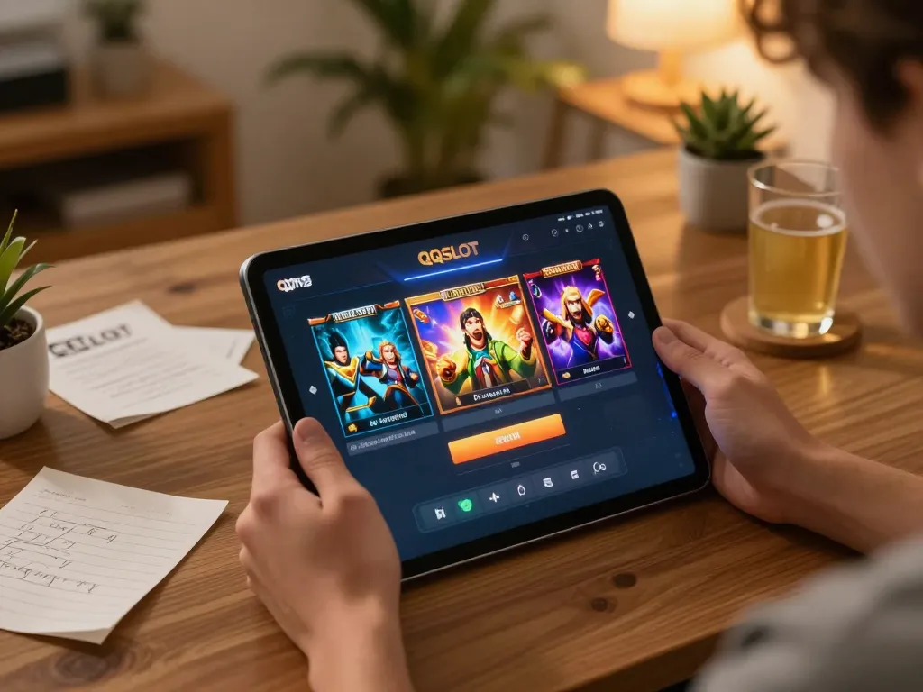 Player using QQSLOT login to access online slots on tablet, creating a cozy gaming atmosphere.
