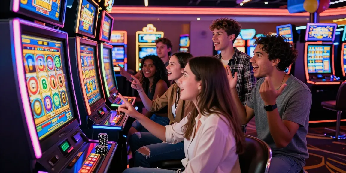 Exciting casino scene with friends enjoying slot gacor games, vibrant atmosphere with colorful lights and chips.