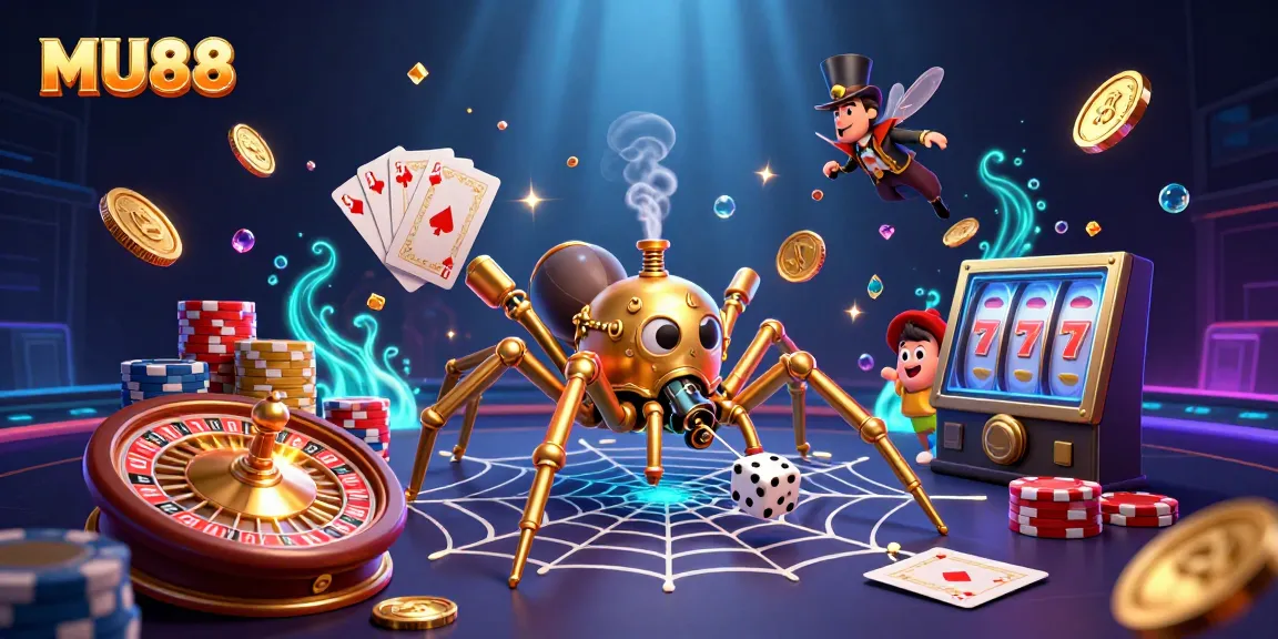 Engage in the thrill of MU88 with a dynamic 3D illustration featuring a golden spider and a playful fly amidst casino elements.