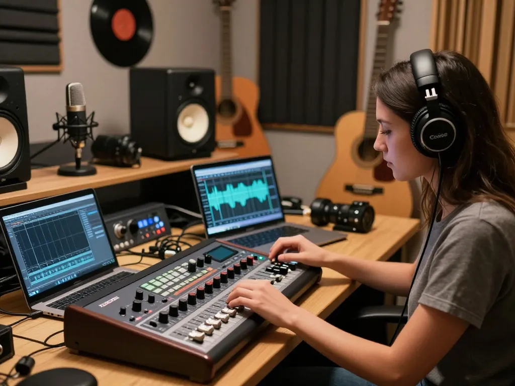 Engineer adjusting DA88 digital multitrack recorder in a warm music studio.