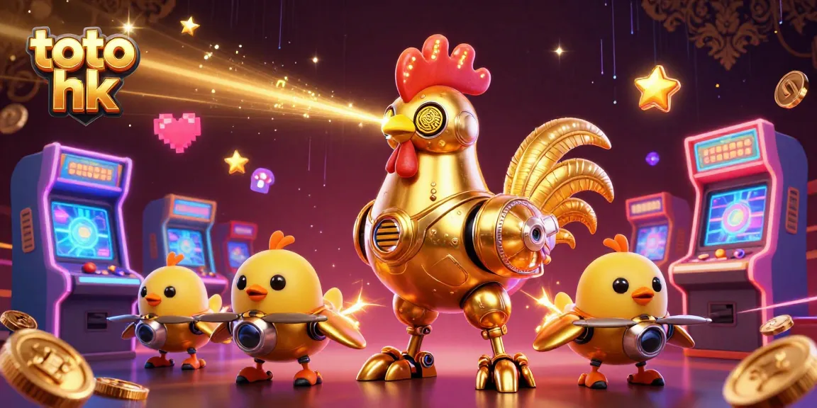 Raih kemenangan di toto hk dengan robot ayam emas futuristik dan mesin permainan berwarna-warni.