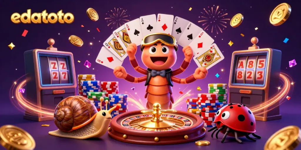 Experience thrilling gameplay at edatoto with cartoon characters celebrating casino wins featuring cards and chips.
