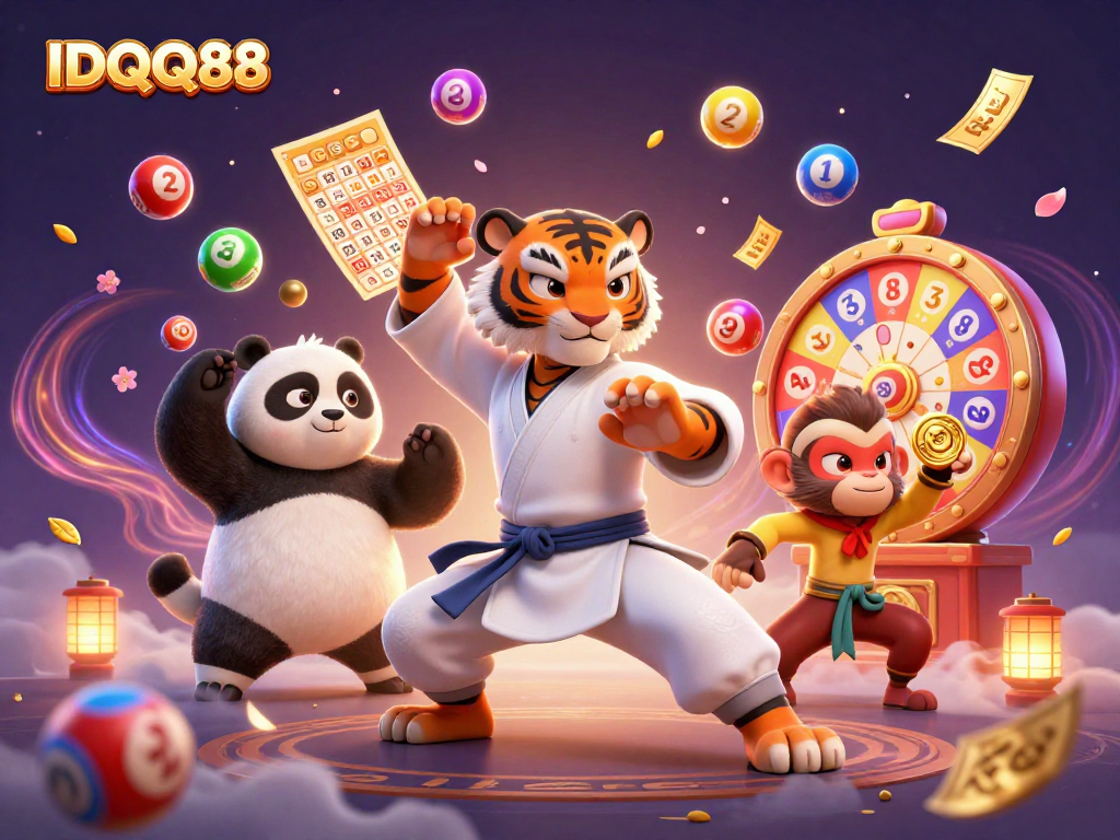 IDQQ88 showcases a vibrant 3D scene with a kung fu tiger and a playful monkey amidst lottery excitement.