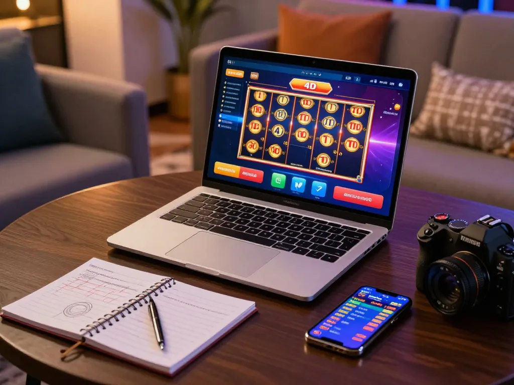 Playing toto slot 4d on a stylish laptop, showcasing online gaming ambiance.