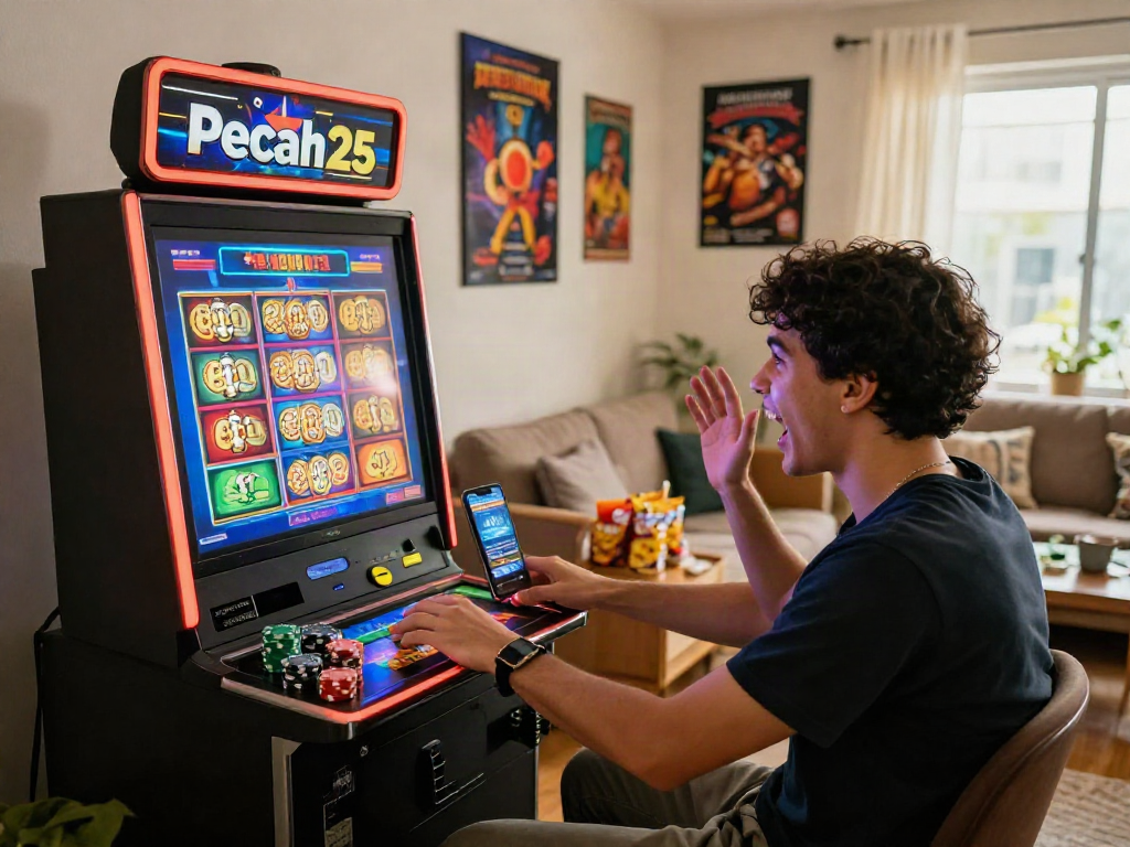 Pemain slot pecah25 dengan antusias di ruang tamu yang cerah, dikelilingi permainan dan cahaya alami.