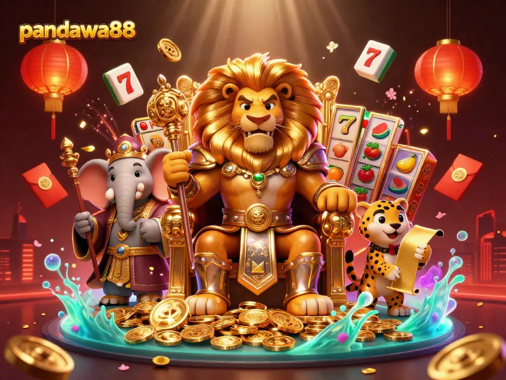 Gambaran pandawa88 dengan singa raja, gajah penasihat, dan cheetah pembawa gulungan emas dalam suasana kasino megah.