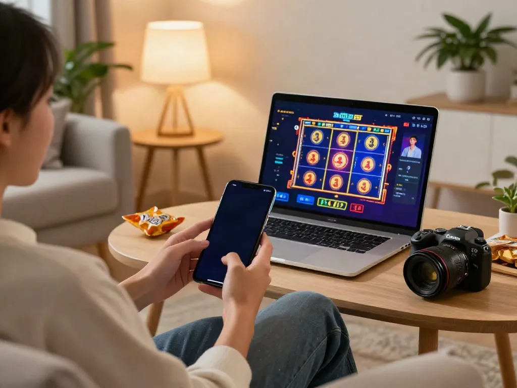 Player engaging with a slot 4d game on a mobile device in a cozy living room.