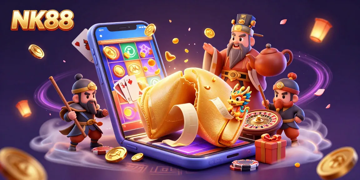 Experience thrilling wins with NK88's vibrant 3D casino illustration showcasing playful fortune elements.