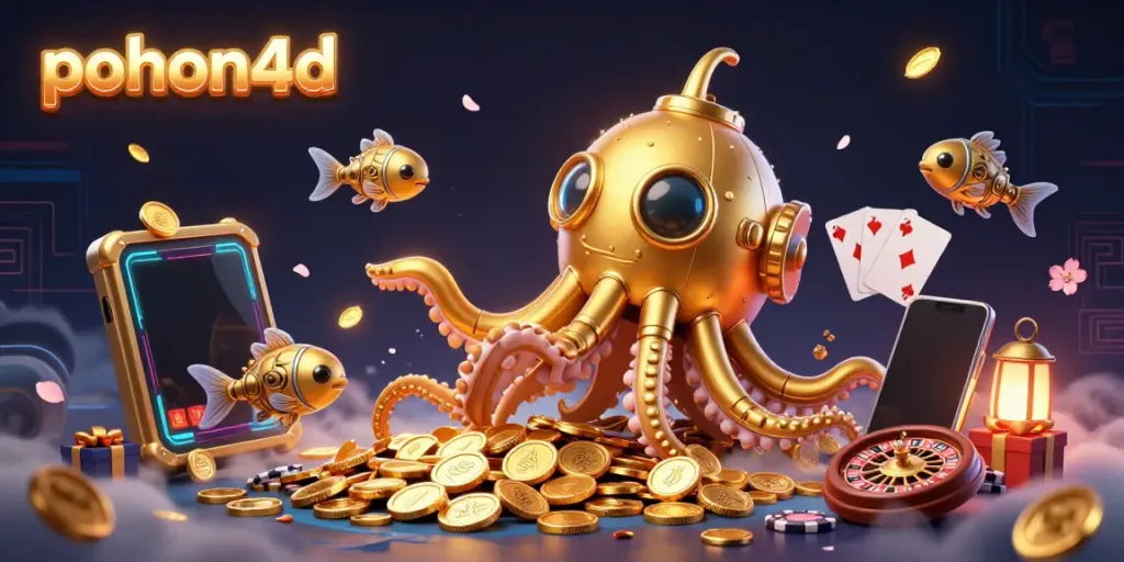 Pohon4D features a vibrant 3D kraken submarine amidst golden coins and gambling elements.