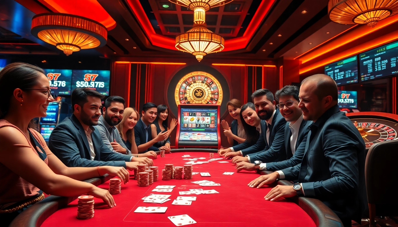 Gambling excitement at https://sv66.sa.com/ with players at a poker table and a roulette wheel.