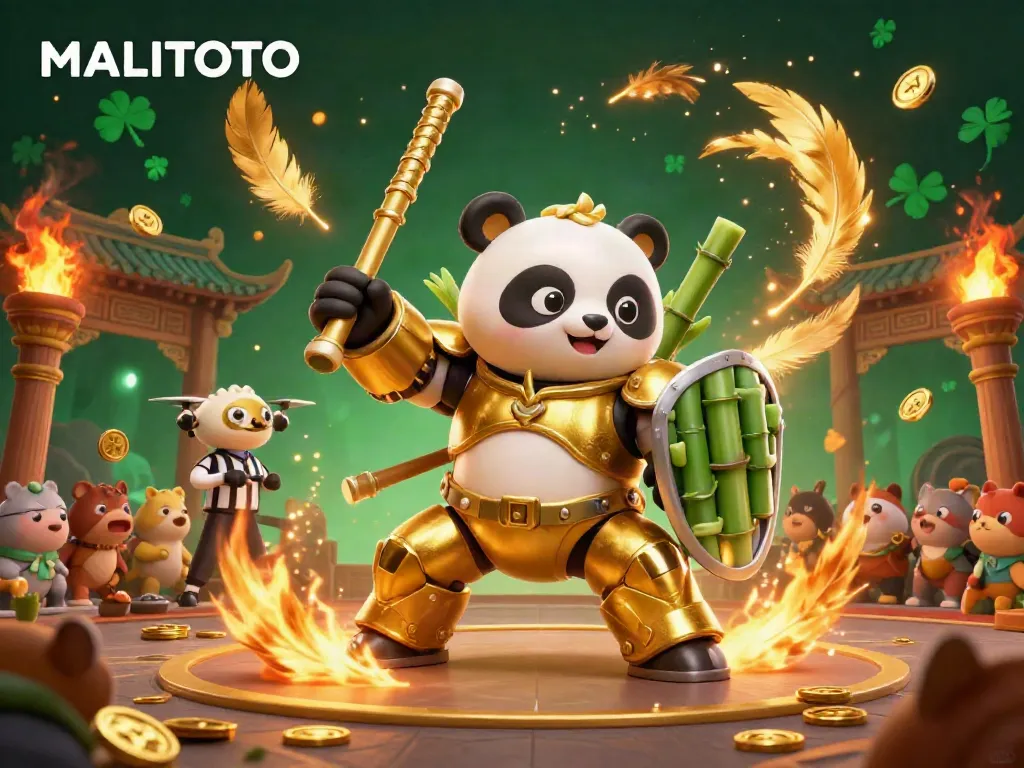 MALITOTO showcases a vibrant 3D arena with a golden panda robot battling, surrounded by immersive gambling elements.