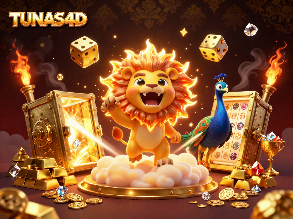 TUNAS4D showcases thrilling gambling excitement with a 3D sun lion and golden elements in a casino atmosphere.