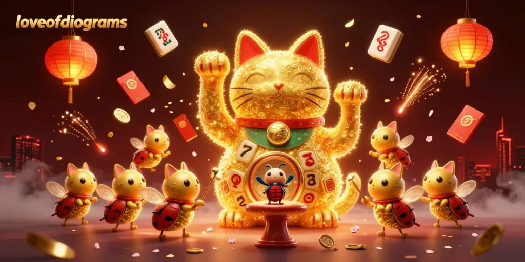 Slot online di loveofdiagrams menampilkan kucing keberuntungan dikelilingi simbol kasino.