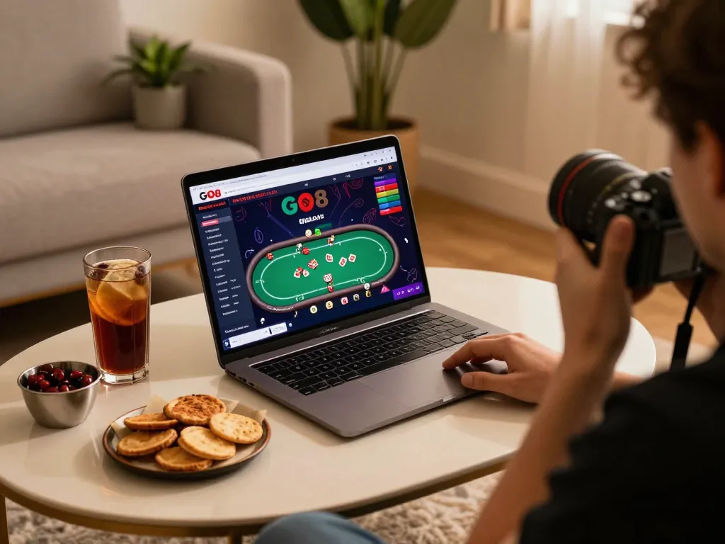Person playing at GO8 online casino, enjoying a cozy gaming atmosphere.